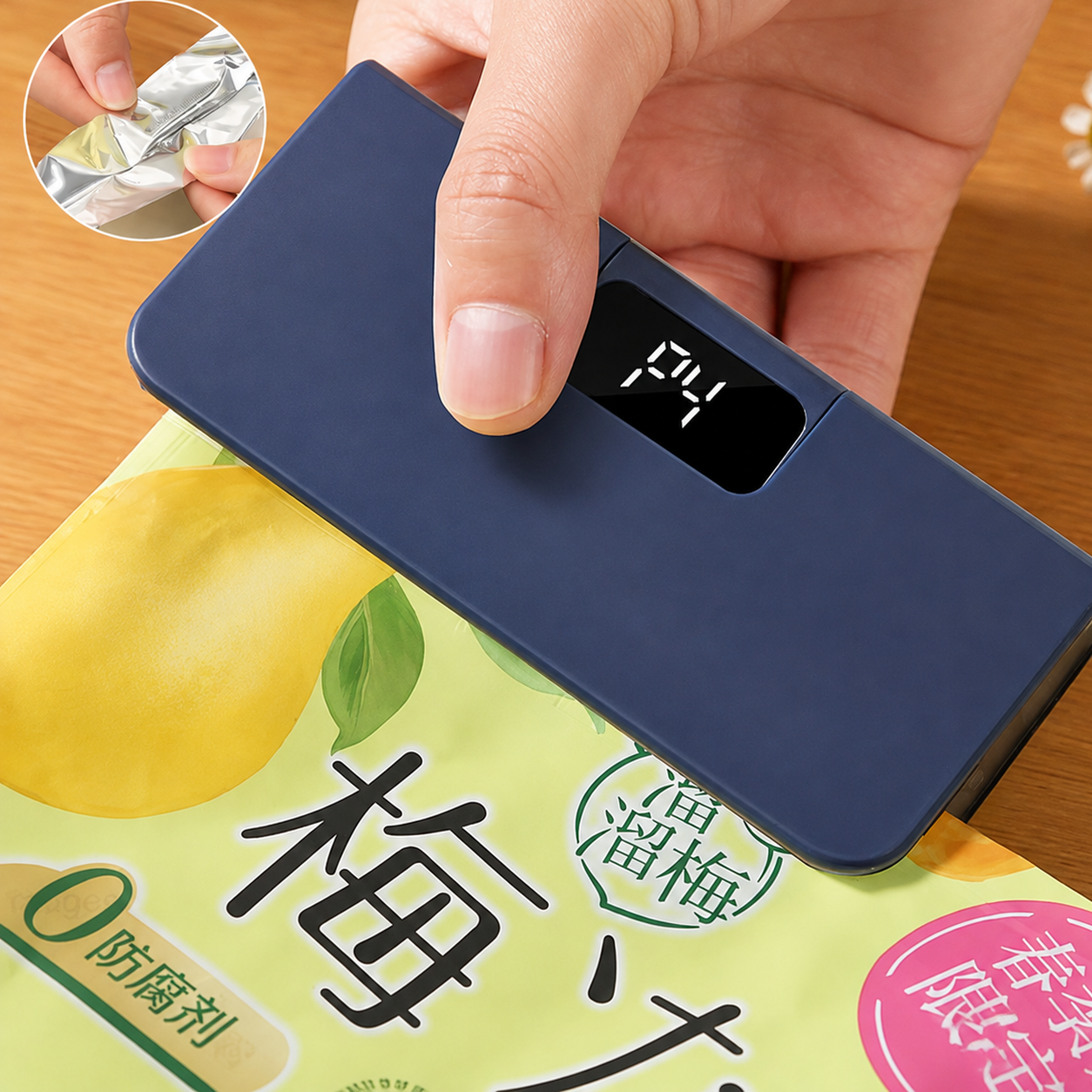 FRESCHÒ blu mentre sigilla un sacchetto di alimenti