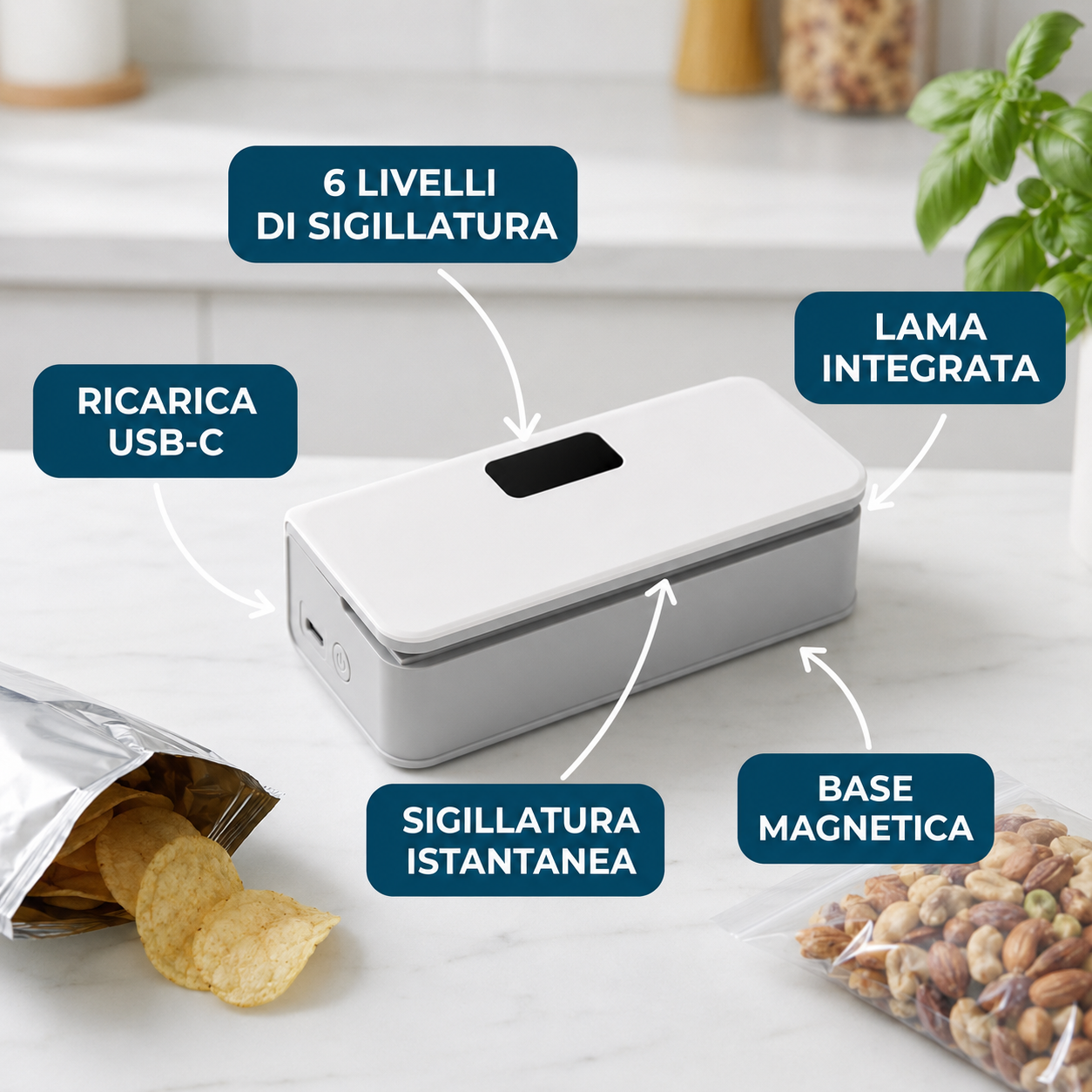 FRESCHÒ: 6 livelli di sigillatura, ricarica USB-C, lama integrata, sigillatura istantanea, base magnetica