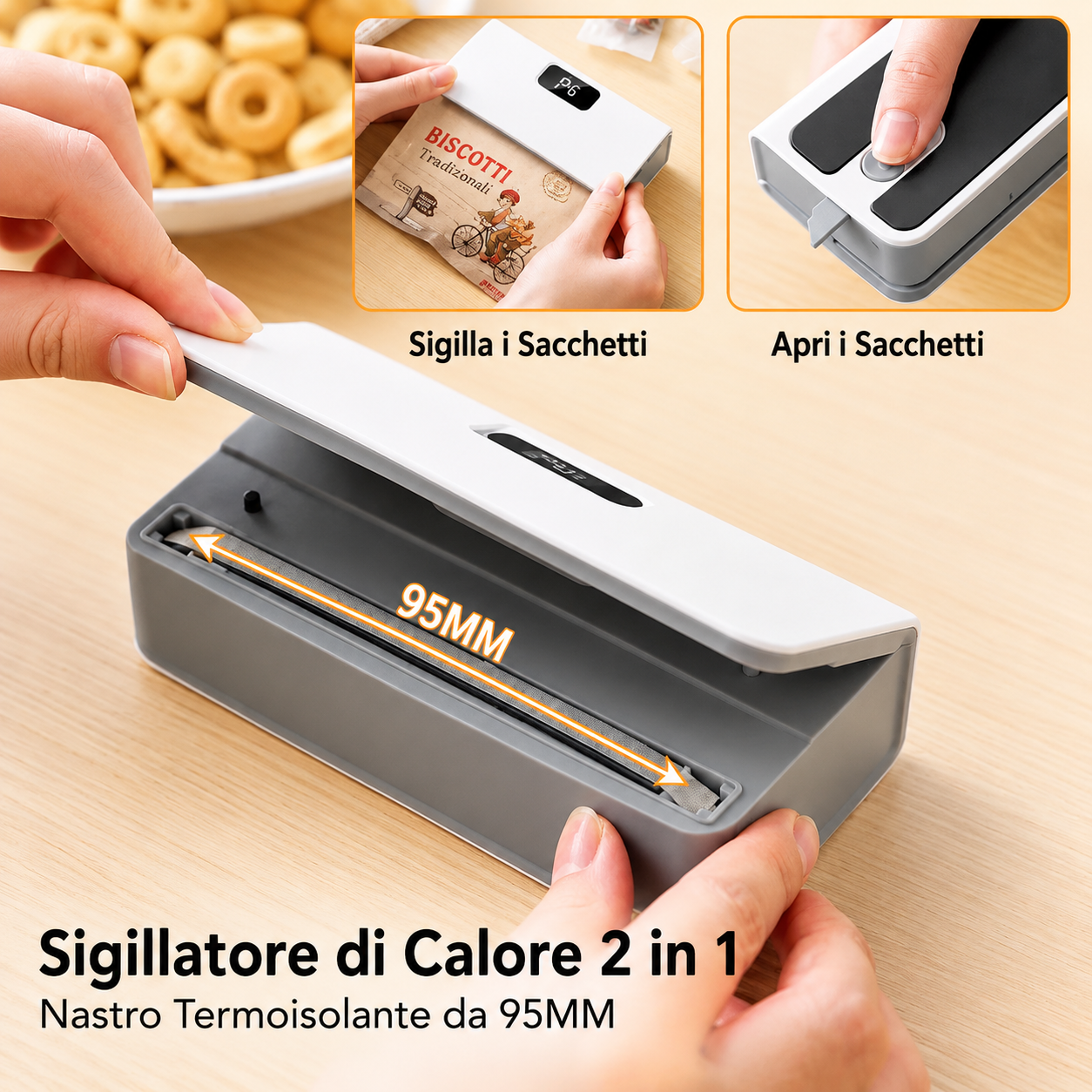 Sigillatore di calore 2 in 1: sigilla e apre i sacchetti, nastro termoisolante da 95 mm