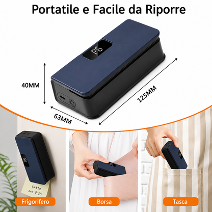 Portatile e facile da riporre: 125x63x40 mm, sul frigorifero, in borsa o in tasca