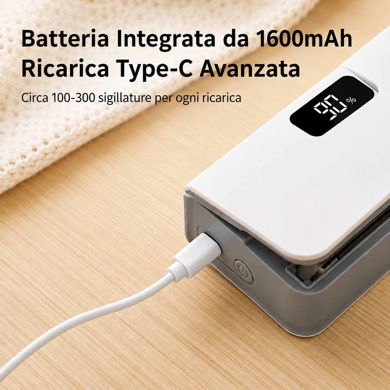 Batteria integrata da 1600 mAh con ricarica Type-C: circa 100-300 sigillature per ricarica