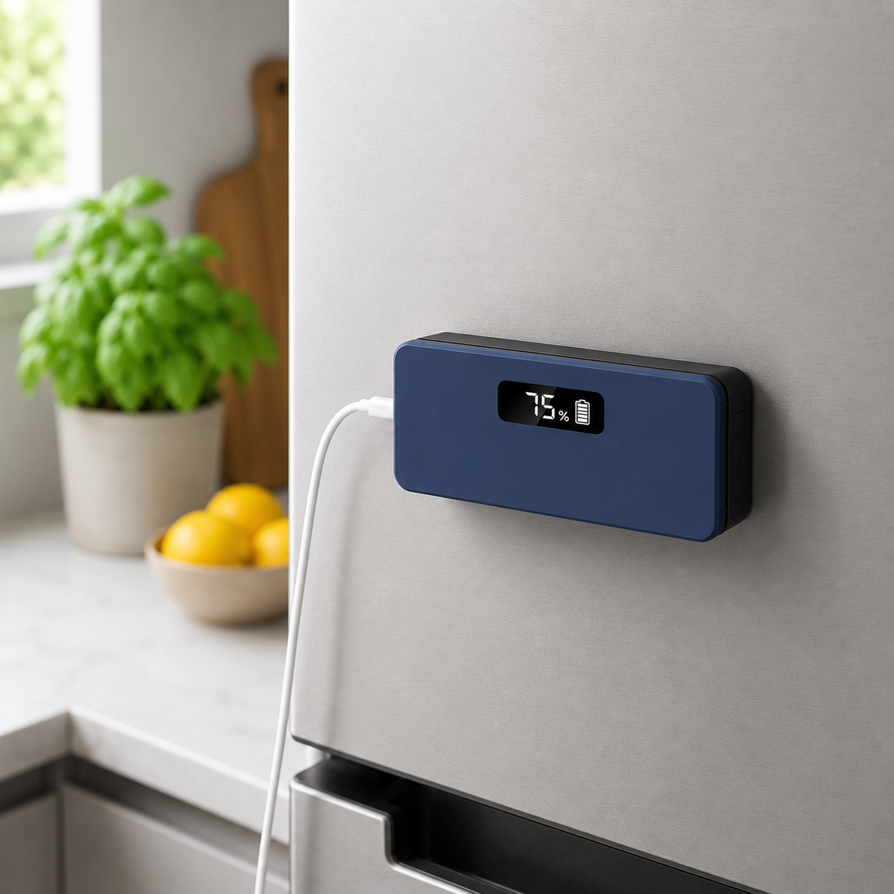 Sigillatore FRESCHÒ blu attaccato al frigorifero, in ricarica con cavo USB-C, batteria al 75%